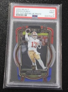 lot 128 image: 2022 Select Red White Blue Die Cut Prizm Brock Purdy #213 Rookie Card PSA 9