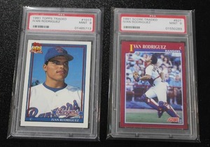 lot 141 image: 1991 Topps Traded & Score Traded Ivan Rodriguez PSA 9 Rookie Card Lot  2 Rookie Cards
