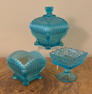 lot 65 image: Vintage Northwood Berry Bowl, Northwood Lidded Dish and Fostoria Stemmed Dish