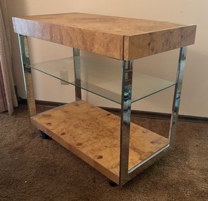 lot 8 image: Lane Mid Century Burlwood and Chrome Bar Cart  Milo Baughman Style Burled Wood Bar Cart