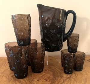 lot 70 image: Vintage Fostoria Mesa Brown Pitcher with Variety of Glassware