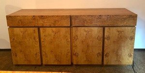 lot 7 image: Mid Century Burwood Sideboard  Cabinet by Lane  Mid-Century Milo Baughman Style Burl Wood Sideboard Credenza Bar Cabinet