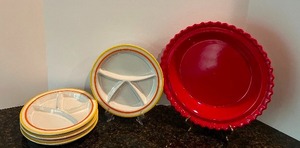 lot 90 image: Vintage Stoneware Sectioned Plates and Red Pie Plate