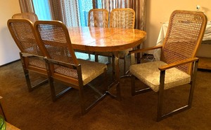 lot 6 image: Vintage Burlwood Dining Room Table with Chrome Base with Six Chairs