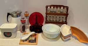 lot 118 image: Vintage Kitchen Finds Including a Spice Rack. Scale, Salt and Pepper Shakers and More