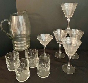 lot 211 image: Vintage Cut Glass Crystal Glasses and Pitcher