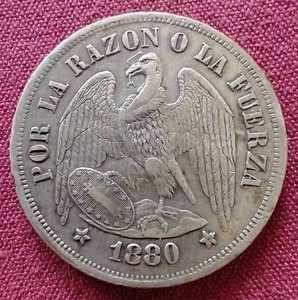 lot 21 image: 1880 Chile Silver 1 Peso Coin