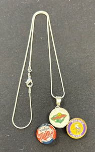 lot 27A image: Awesome Sterling Silver Chain with Minnesota Vikings, Twins and Wild Snaps