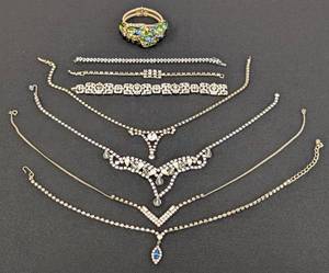 lot 206 image: Sparkly Vintage Rhinestone Bracelets and Necklaces including Vintage 1960s Juliana Statement Clamper Bracelet with Blue and Green Tone Gems