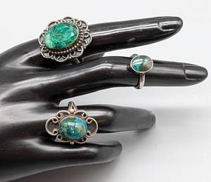 lot 139 image: Three Green Stone and Sterling Silver Rings