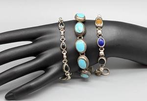lot 138 image: Three Sterling Silver and Stone Bracelets from Mexico