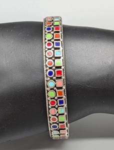 lot 190 image: Colorful Multi Stone and Sterling Silver Cuff Bracelet