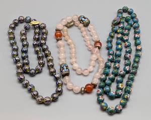 lot 72 image: Three Vintage Beautiful Cloisonn and Pink Quartz Beaded Necklaces