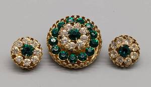 lot 120 image: Coro Green Rhinestone Brooch and Earrings Set