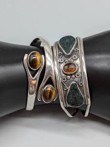lot 160 image: Pair of Sterling Silver and Stone Cuff Bracelets from Mexico