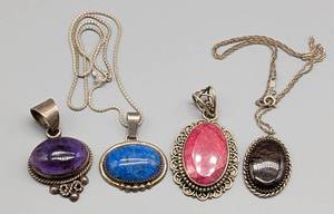 lot 180 image: Four Colorful Stone and Sterling Silver Pendants