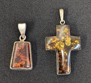 lot 171 image: Pair of Amber and Sterling Silver Pendants