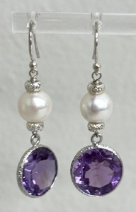 lot 197 image: Sterling Silver White Cultured Pearl and Amethyst Stone Earrings