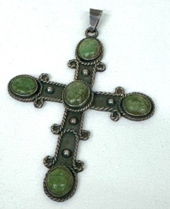 lot 218 image: Large Vintage Sterling and Green Stone Cross Pendant