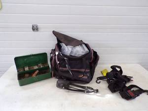 lot 53 image: Fishing Lot,  Plano Tool Box, Outboard Ears, Boat Straps and Vintage Metal Tackle Box