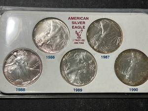 5 COIN AMERICAN SILVER EAGLE SET 1986-1990
