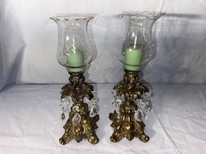 lot 54 image: Pair Of Antique Brass And Crystal Candlestick Holders Measuring 12.5 Inches Tall