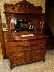 lot 55 image: Antique Sideboard Wood Carved With Beveled Edge Mirror Measuring 46 X 24 X 74