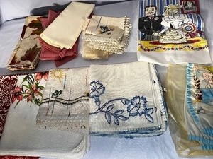 lot 59 image: Vintage Dish Towels, Napkins And Baby Bibs