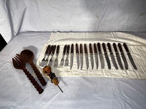 lot 64 image: Hand Carved Tong, Wood, Cork Stopper, And A Set Of Vintage Regent Sheffield Stainless Steak Knives From England, Forks And Knives