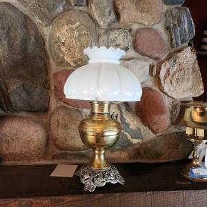 lot 16 image: Antique Brass Glass Hurricane Lamp Measuring 22 Inches