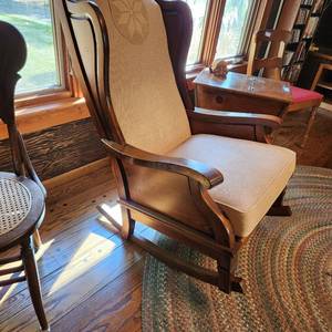 lot 27 image: Vintage Wood And Upholstered Rocking Chair Measuring 27 X 32 X 45