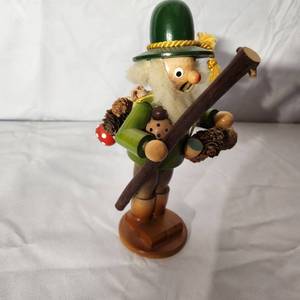 lot 46 image: Vintage Steinbach Volkskunst Smoker Incense Burner Wood Figure Woodsman With Walking Stick And Backpack Measuring 9 Inches Tall