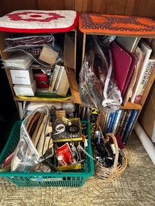 lot 102 image: Two Small Bookcases Filled With Crafting Books And Craft Supplies, Including Baskets As Seen In Photo