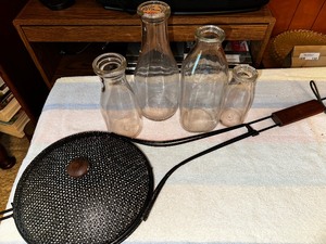 lot 131 image: Vintage Milk Glass Bottles And Mesh Grill Basket