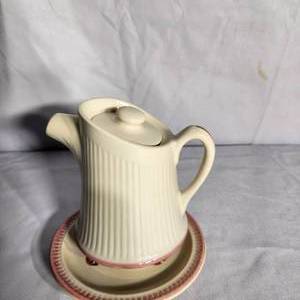 lot 80 image: Antique Redwing White And Rose Teapot With Matching Plate Featuring A Tractor