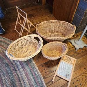 lot 91 image: Antique Woven Laundry Baskets, Small Drying Rack, And Washboard