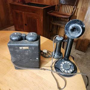 lot 303 image: Antique Electric Candlestick Phone with Ringer Box