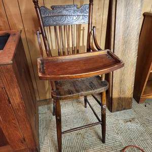 lot 305 image: Antique Wood High Chair with Carved Back