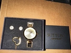 lot 183 image: Sutton Womens Gold Tone Watch, Earrings, and Necklace in Box