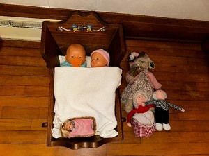 lot 202 image: Wood Doll Cradel Crib and Vintage Dolls and Toys