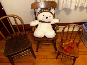 lot 204 image: Three Childrens Wood Chairs and Vintage Santa Bear