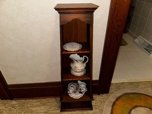 lot 208 image: Vintage Curio Cabinet with Vintage Pitcher and Cream and Sugar  Measruing 30 tall