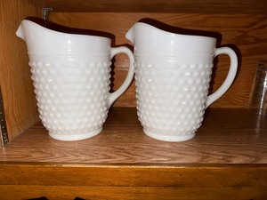 lot 267 image: Two Vintage Hobnail, Milk Glass Water Pitchers