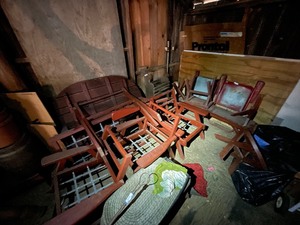 lot 435 image: Set Of Wood Vintage Patio Furniture and Cushions and Patio Umbrella