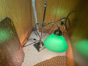 lot 225 image: Antique Brass Lamp With Green Adjustable Shade Measuring 21 Inches Tall
