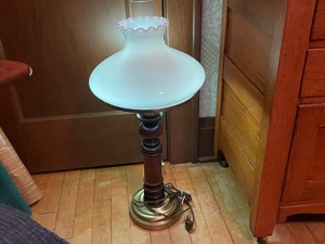 lot 242 image: Antique Brass And Metal Lamp With Milk Glass Shade Measuring 26 Inches Tall