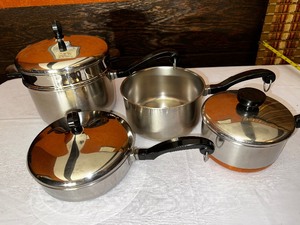 lot 282 image: Vintage Revere Ware Pot, Pans and Three Piece Double Boiler