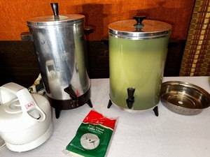 lot 292 image: Vintage West Bend Avocado Green Coffee Maker, Percolator Coffee Maker and Electric Teapot