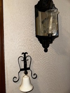 lot 364 image: Vintage Mirrored Black Paneled Wall Sconce and White Ceramic Bell on Black Iron Wall Mount