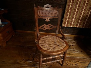 lot 32 image: Woven Seats And Wood Carved Chair Measuring 18.5 X 18 X 34